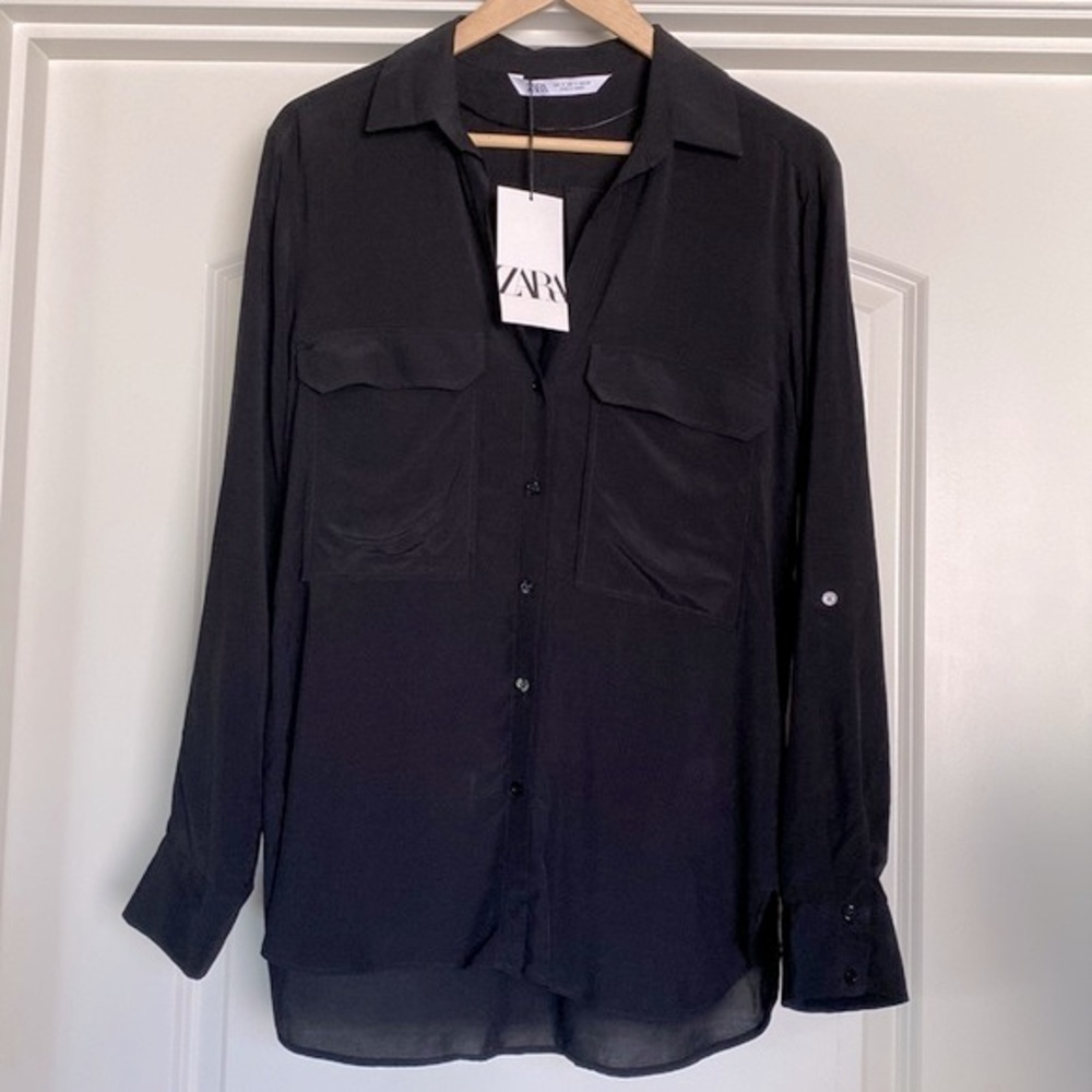 NWT Zara Blouse Womens S Black roll tab sleeve tunic blouse office capsule Basic